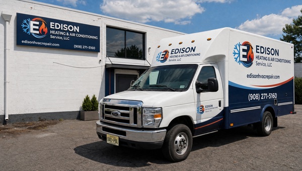Edison HVAC service van parked in front of company building