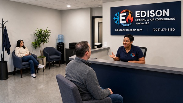 Receptionist helping a customer at Edison Heating & Air Conditioning office