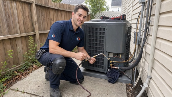 HVAC technician servicing an air conditioning unit outdoors