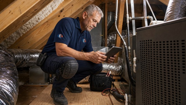 HVAC technician inspecting equipment with tablet in attic