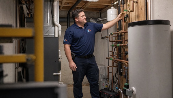 HVAC technician inspecting pipes and equipment in basement