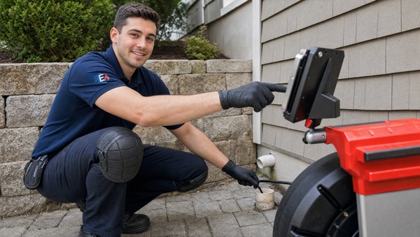 HVAC technician using inspection camera outdoors