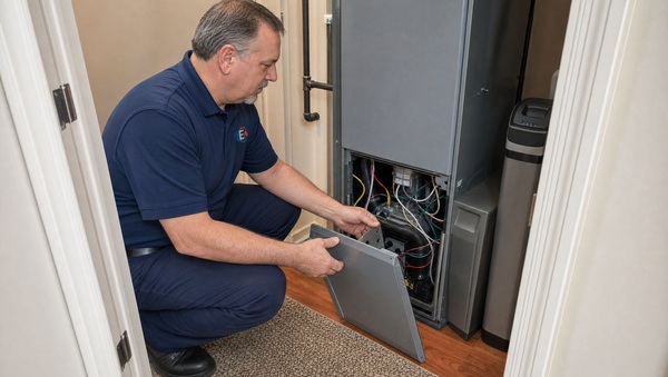 HVAC technician servicing a furnace unit