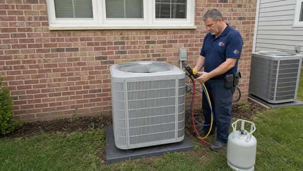 HVAC technician using manifold gauges on condenser unit